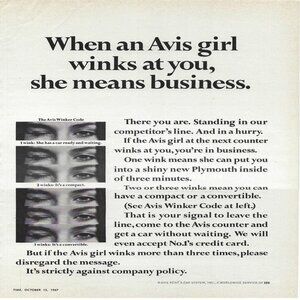 1967 Avis Rent A Car Avis Girl Winks At You Vintage Magazine Print Ad/Poster